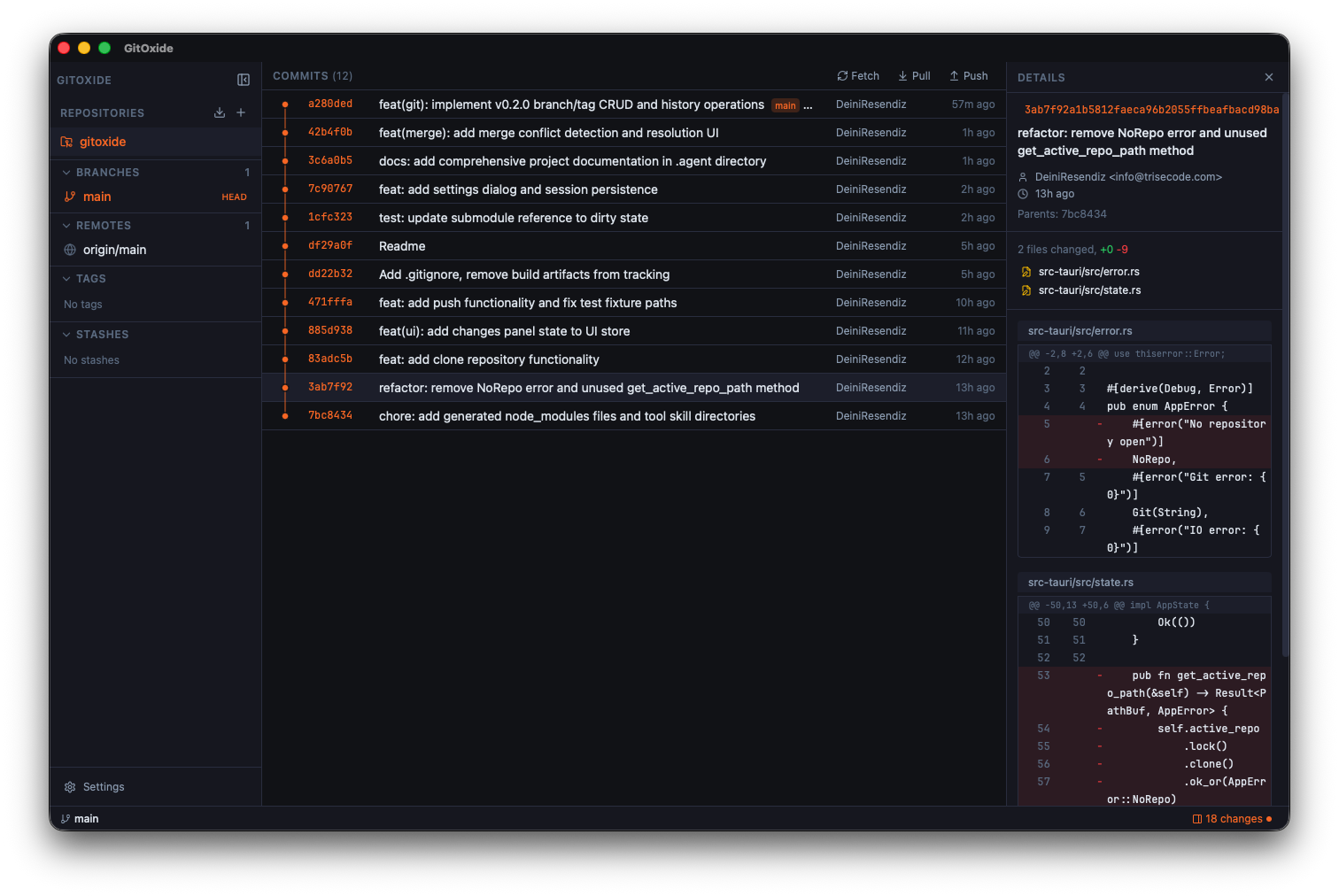 GitFerrum desktop application showing commit history, branch graph, and diff viewer
